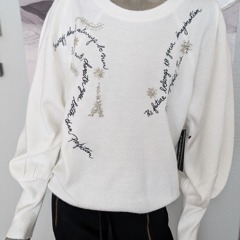 Karl Lagerfeld Embroidered Embellished Bishop Sleeve Sweater Size Medium Nwt